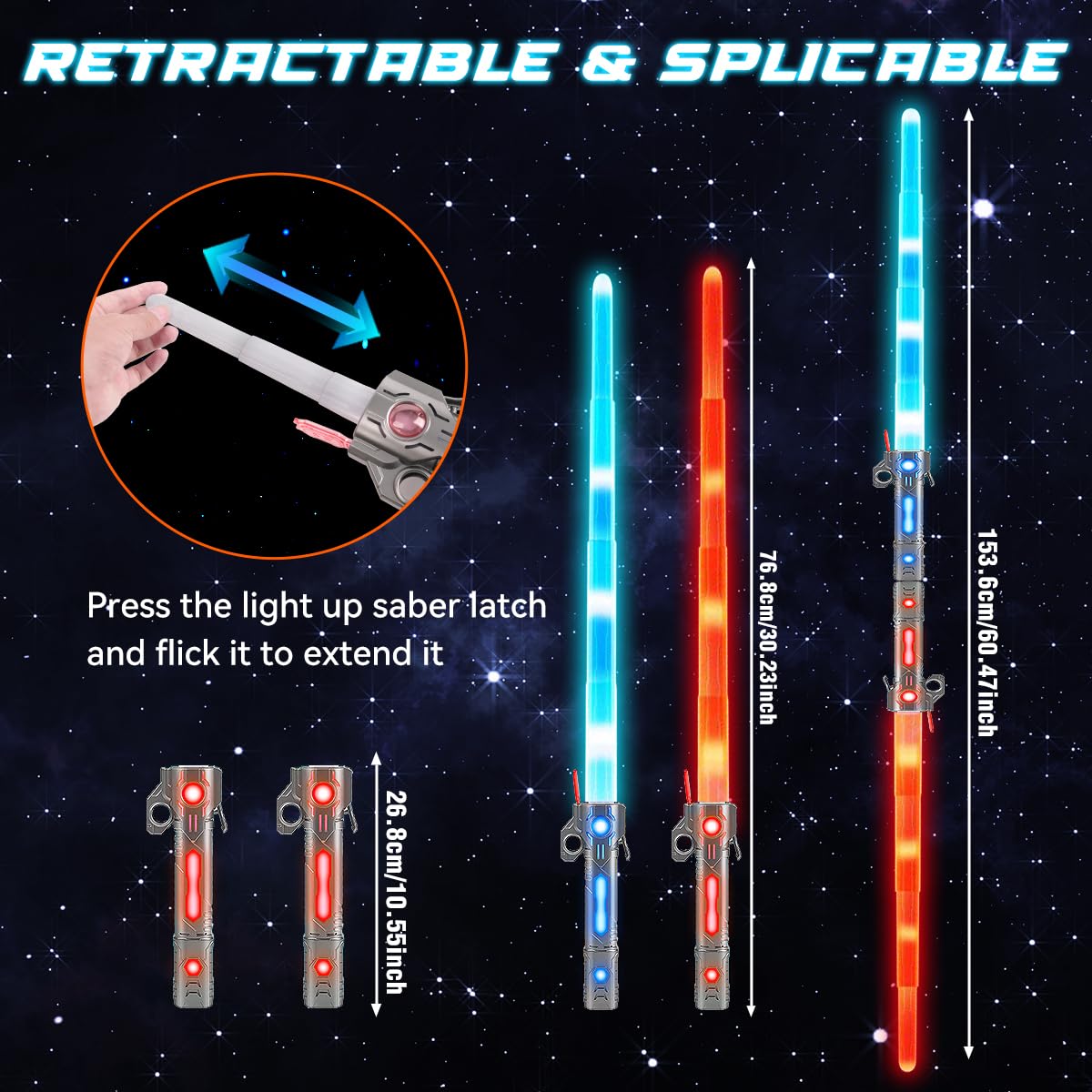 VATOS Wiederaufladbare Lichtschwerter 2er Set für Kinder, 2-in-1 Retractable LED Laserschwert mit 15 Farben & Dynamischem Sound, für Kostüm Cosplay Geburtstagsgeschenk und Rollenspiel 9