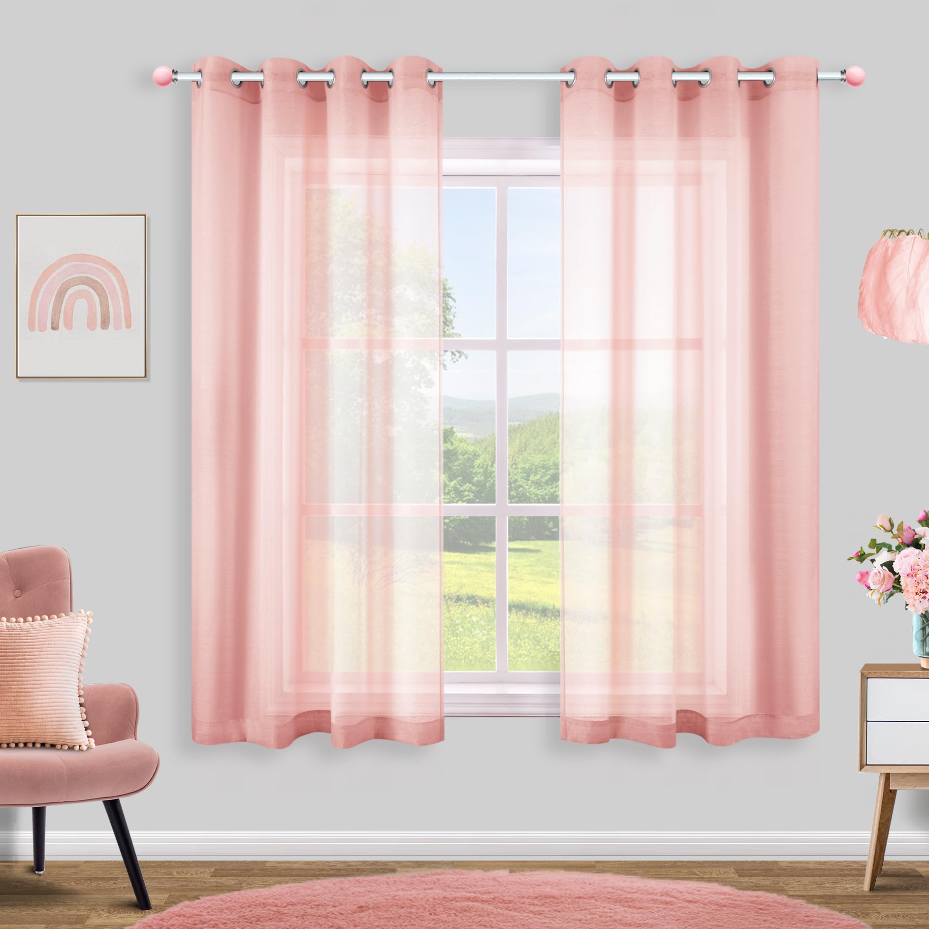 KOUFALL Blush Pink Sheer Curtains for Girls Room, Silk Voile Touch Faux Chiffon Short Curtains for Bedroom Windows Nursery, 45 Inch Length