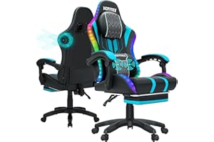 HOFFREE Led Gaming Chair with Speakers and Massage Video Game Chair Big and Tall for 400lbs with Footrest Reclining High Back Computer Desk Chair Blue and Black