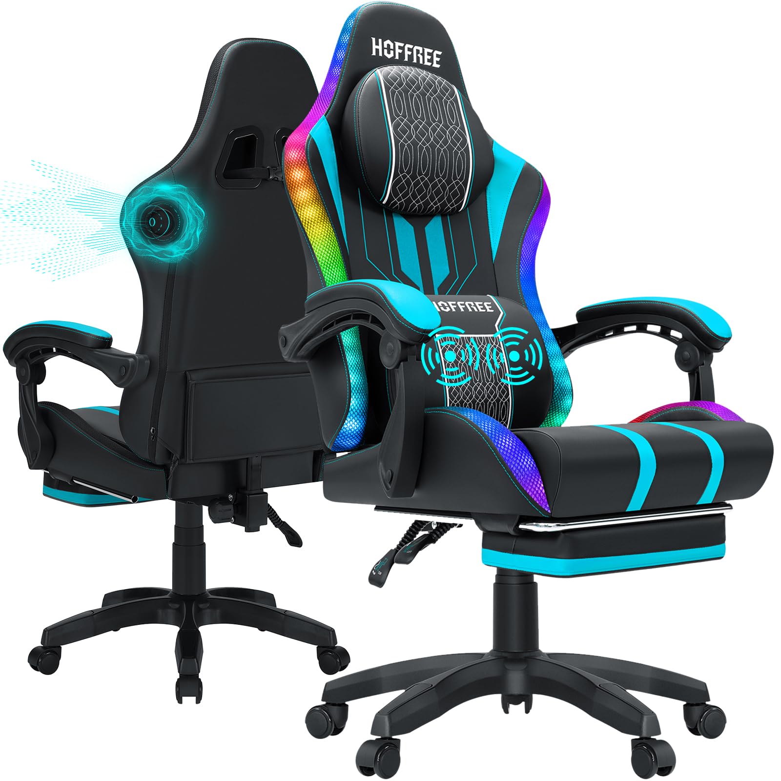 Photo 1 of HOFFREE Led Gaming Chair with Speakers and Massage Video Game Chair Big and Tall for 400lbs with Footrest Reclining High Back Computer Desk Chair Blue and Black
