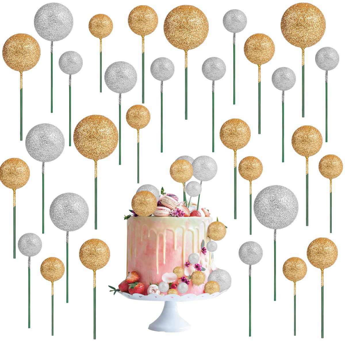 66pcs Balloon Cake Topper, Glitter Foam Ball Cake Toppers Mini Balloon Cupcake Toppers Round DIY Cake Picks Insert Topper Baking Cake Decoration for Birthday Wedding Baby Shower Decor (Gold&Silver)
