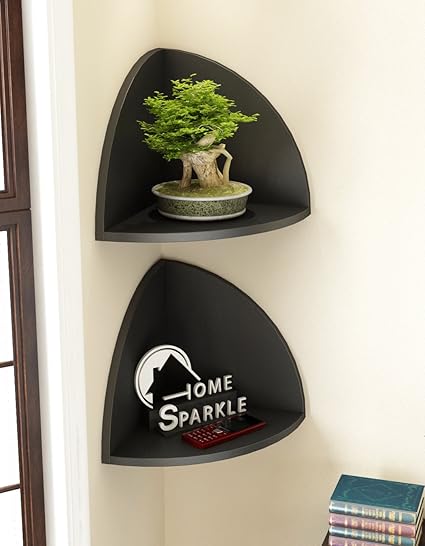 Home Sparkle Engineered Wood Corner Wall Shelf Set (26.5 cm x 19 cm x 19 cm, Black, Set of 2)
