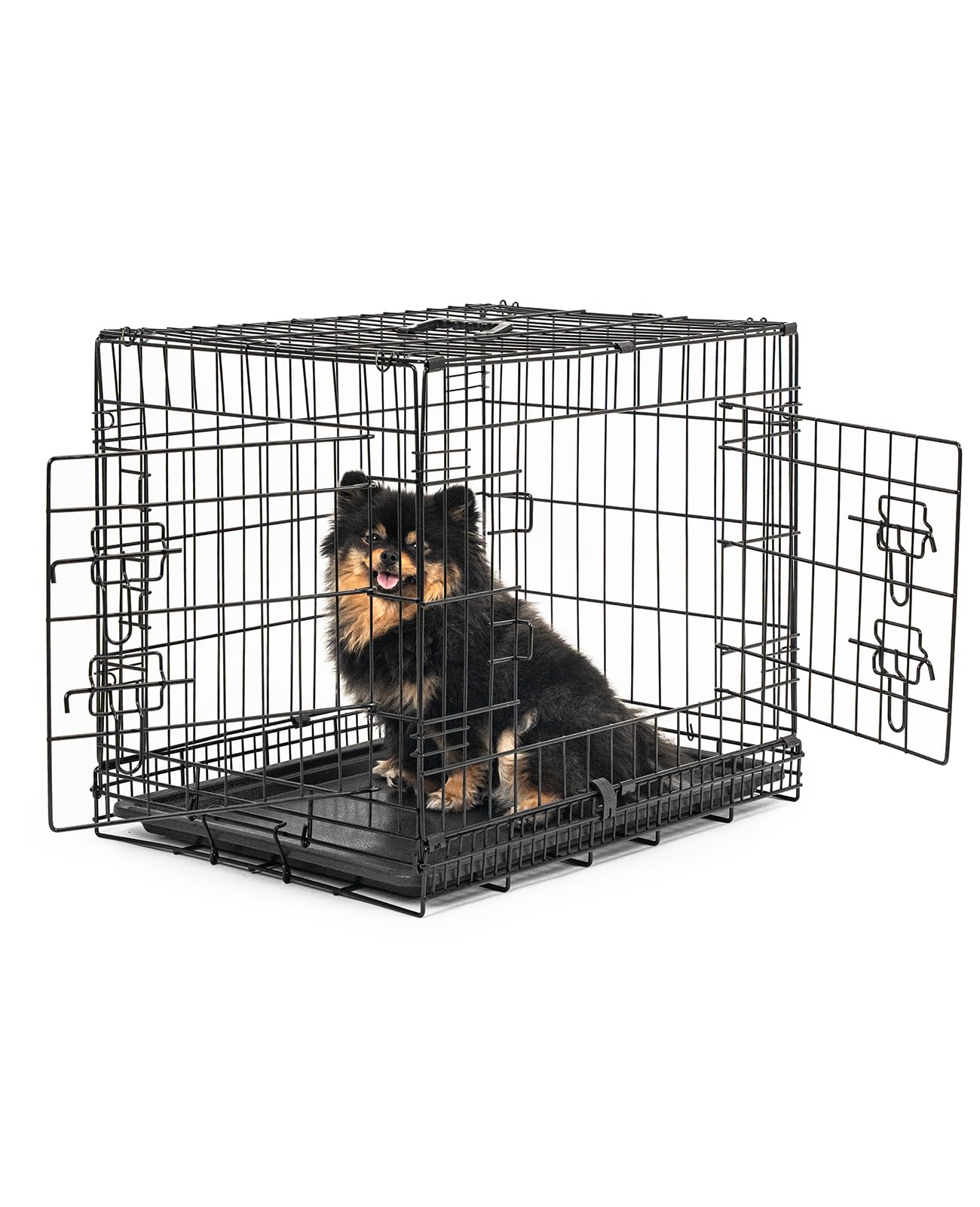 lionto Pet transport box for dogs and cats, multifunctional transport cage with hygienic plastic tray, 61x44x51 cm, metal dog box with sturdy safety catches & partition wall, black
