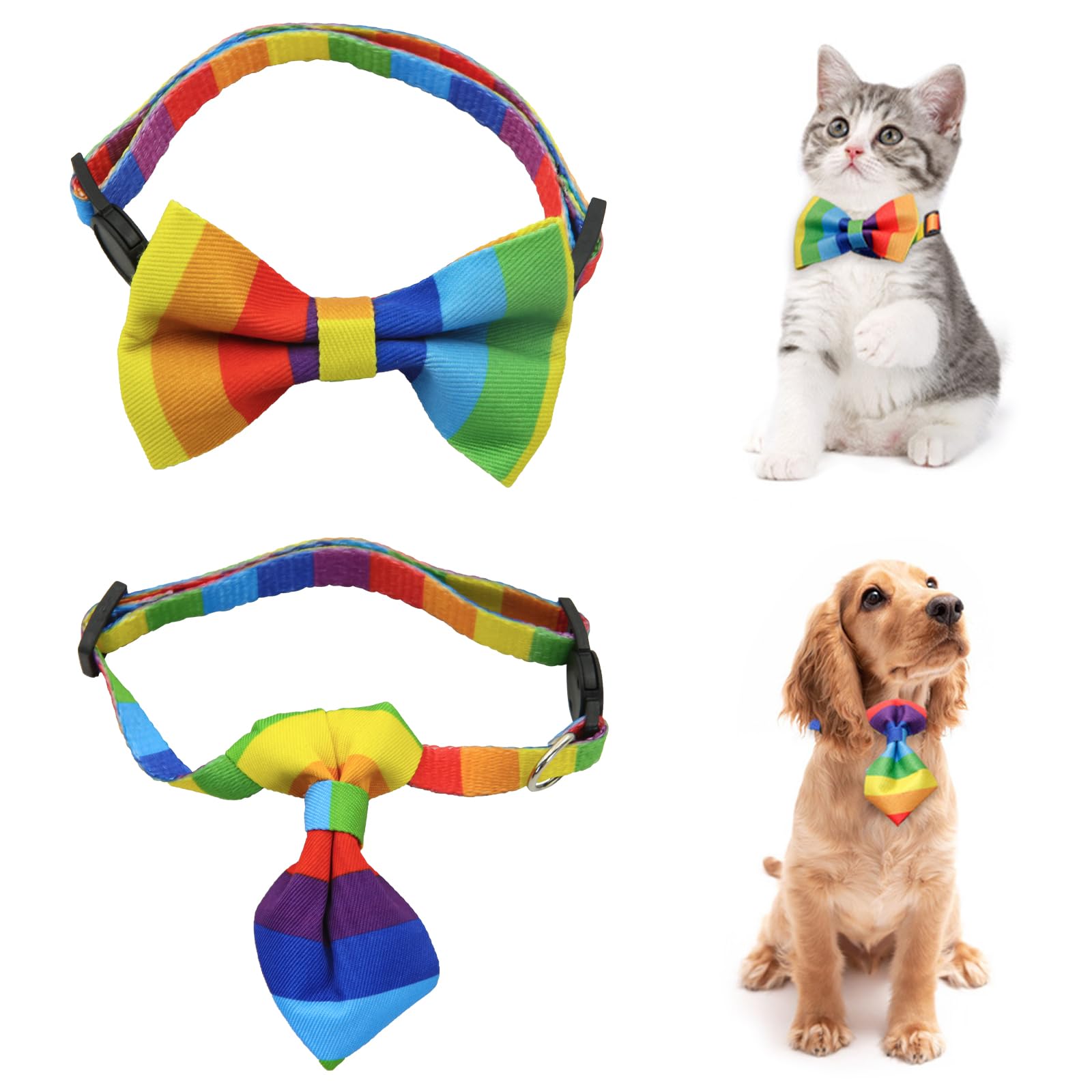 Pride Day Dog Costume,Puppy Bandana Collar with Bow and Tie 2 Pack LGBT Rainbow Adjustable Dog Accessories for Pet Puppy Cat Party Dress-up Cosplay Costume