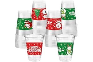 AIBIIN 50 PCS Merry Christmas Party Plastic Cups 12 oz Christmas Disposable Plastic Cups Decorations Santa Claus Christmas Tr