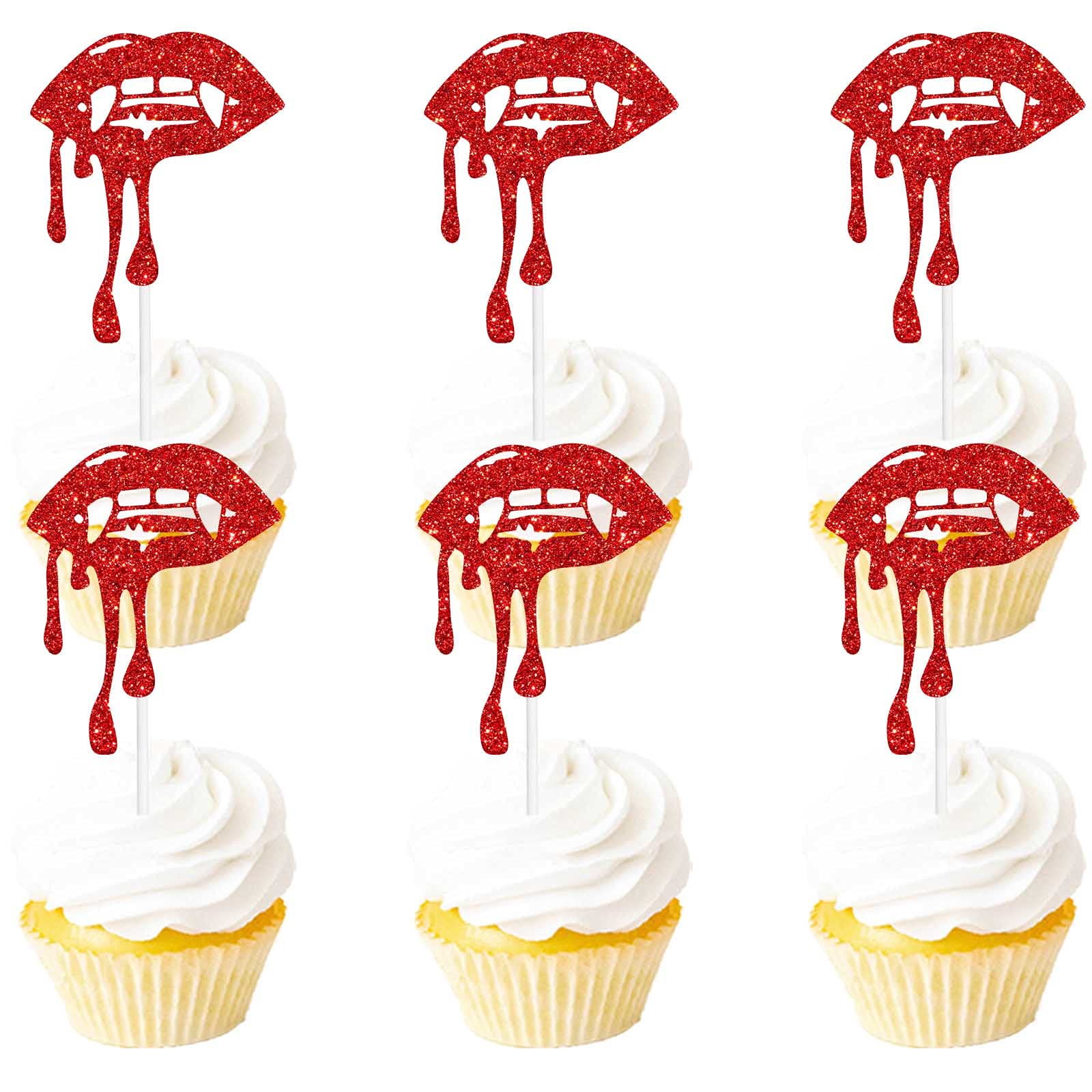 Photo 1 of 18pcs Red Glitter Halloween Have a Bite Dessert Cupcake Topper Zombie Vampire Fantasy Horror Theme Decor Supplies Boy Girl Man Woman Happy Birthday Party Decorations