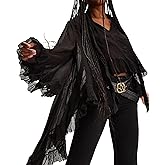 Seyumixi Women Long Bell Sleeve Frill Top See Through Sheer Mesh Blouse High Low Hem Ruffled Sexy Flowy Tops Shawl Shirt