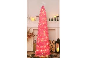 HMASYO 5 FT Pop Up Christmas Tree with Timer Lights, Pink Christmas Tinsel Tree, Collapsible Artificial Pencil Christmas Tree