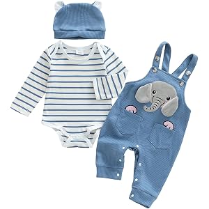 DSOKUHIB Baby Boy Fall Outfit Stripe Romper/Shirt Cartoon Overall Pants Set | Cute Animal Pattern, Long Sleeve, Waffle Knit/C
