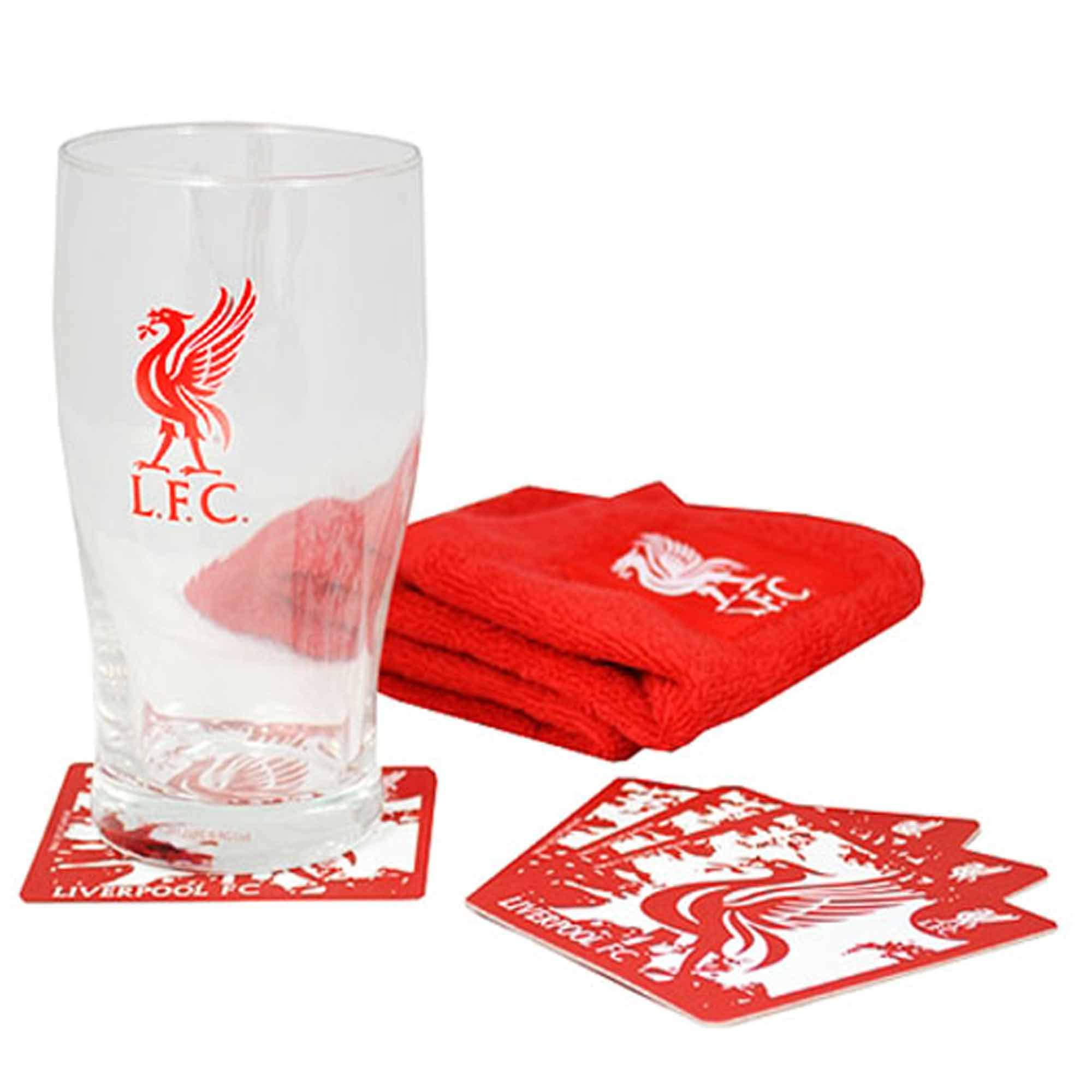 L.F.C Official Liverpool Football Crest Pint Glass Mini Bar Set (Pint Glass, Coasters & Bar Towel)