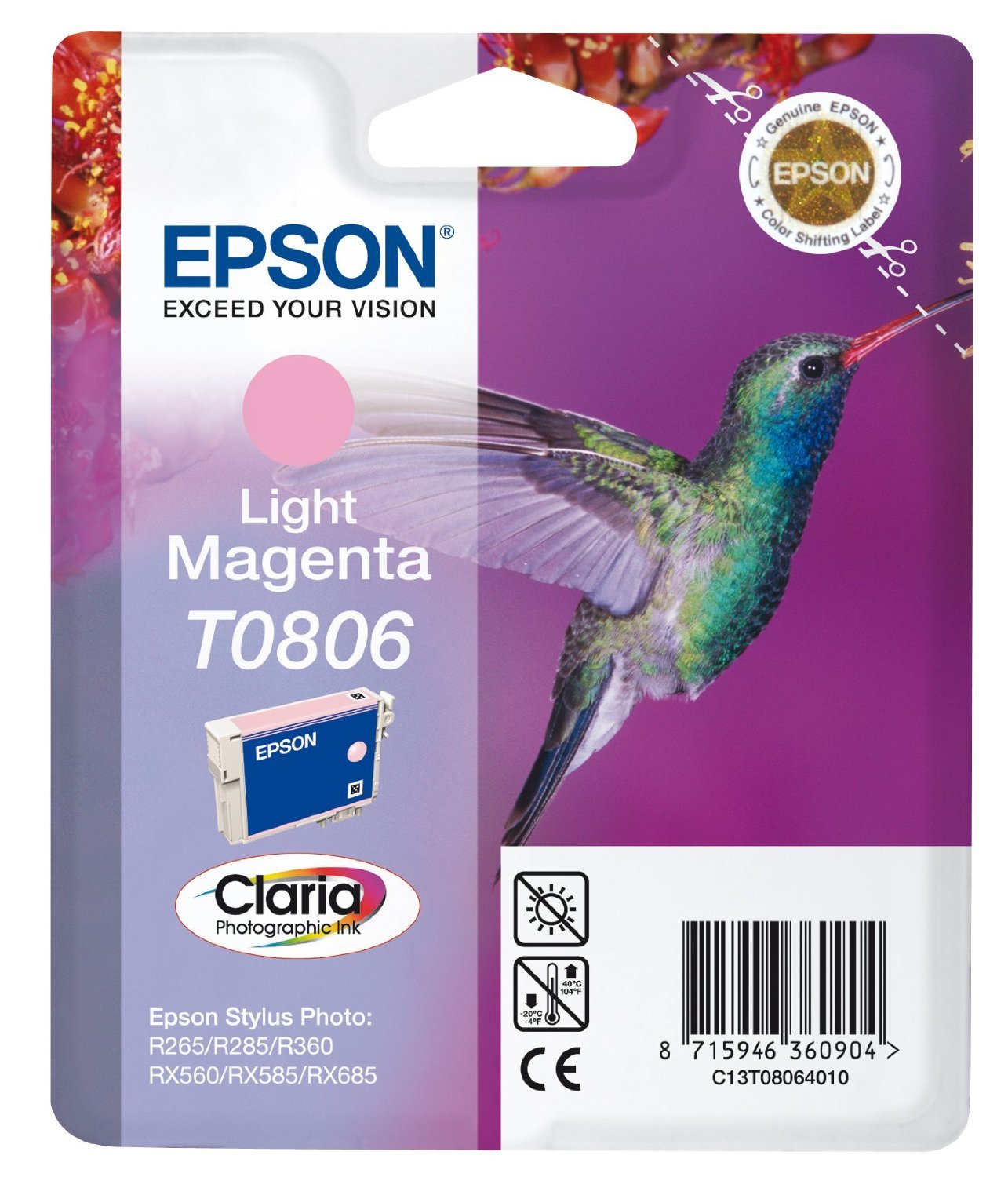 Epson Original C13T08064011 T0806 Light Magenta Ink Cart, Genuine