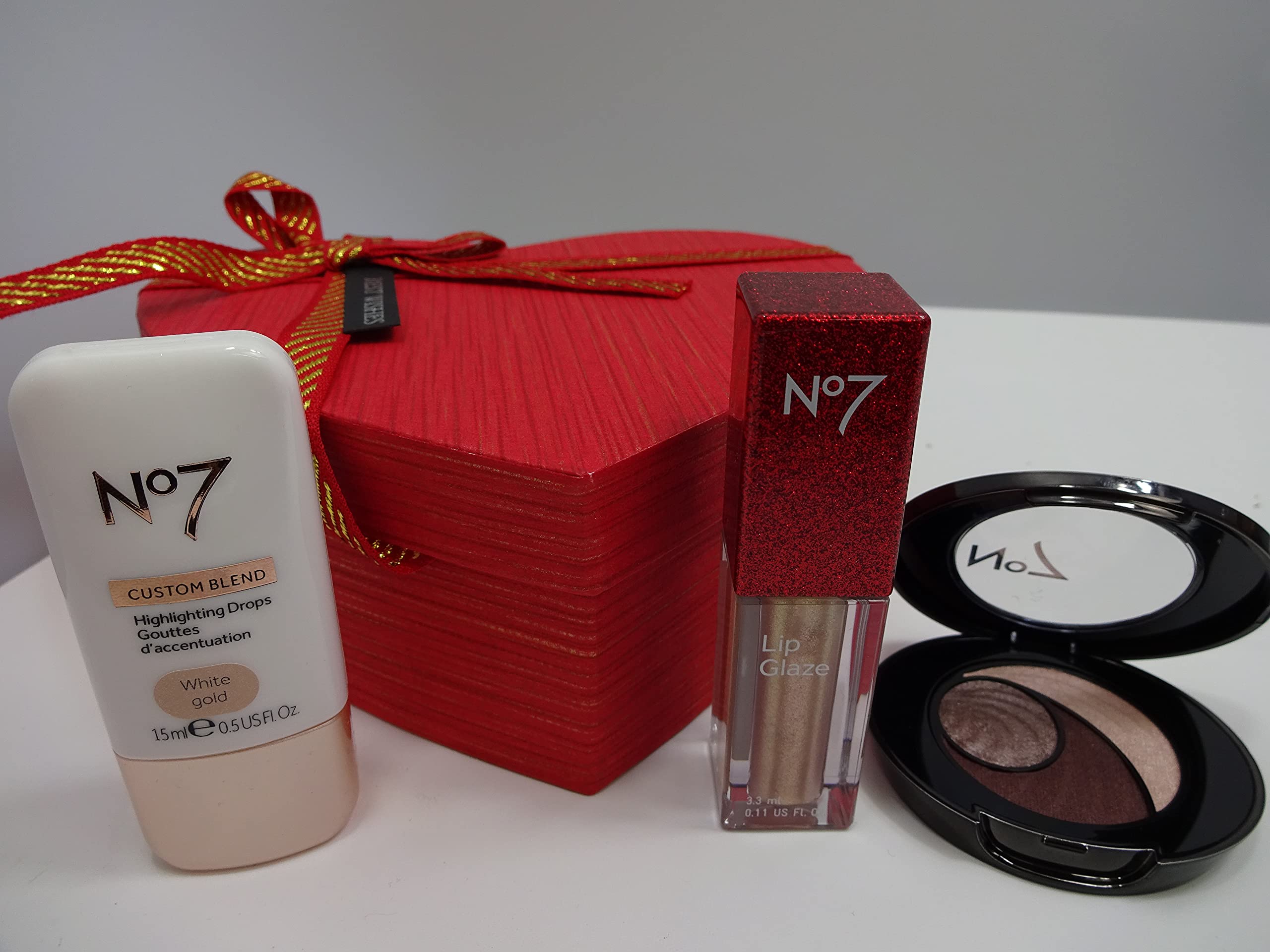 No7 Shimmer Beauty Box Gift Set - No7 Highlighting Drops, No7 Lip Glaze Nude, No7 Stay Perfect Trio Eye Shadow Warm Nudes