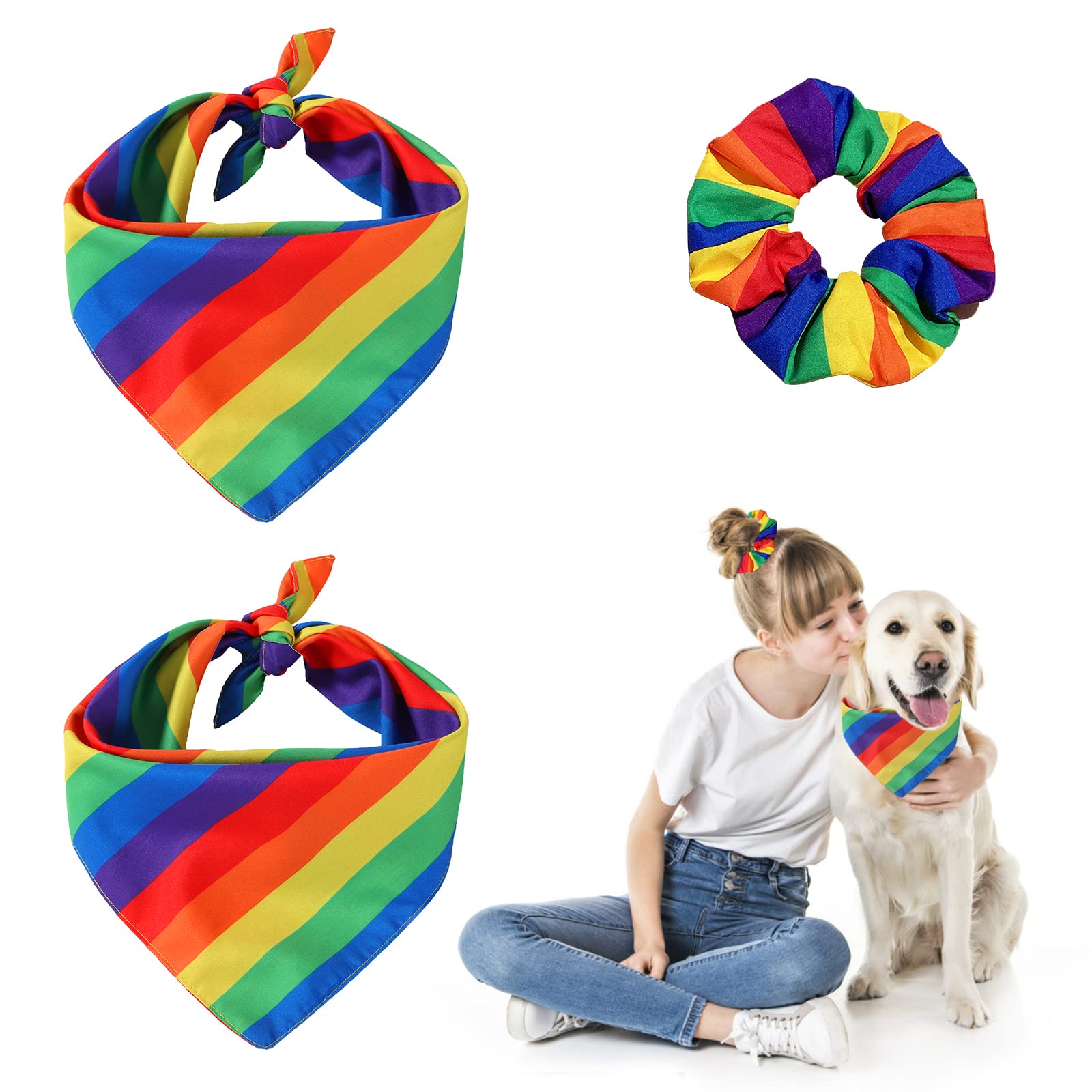 HACRAHO Pet Bandana and Matching Scrunchie, 3 PCS Cotton Rainbow Pet Bandana with Scrunchie Colorful Dog Scarf and Rainbow Hair Tie for Dogs Cat and Pride Month