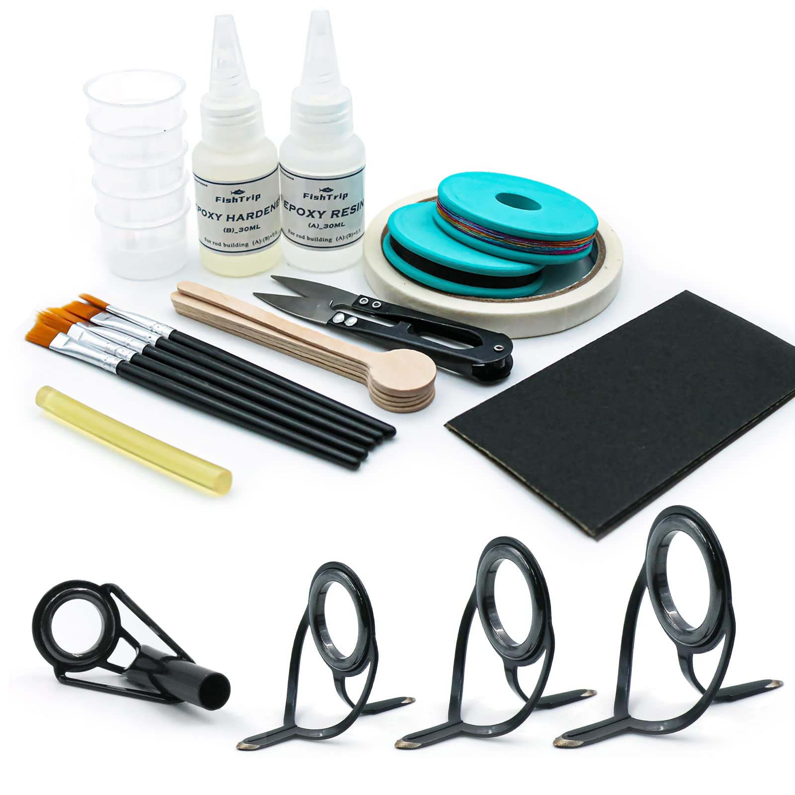 Photo 1 of FishTrip Fishing Rod Guides Tips Repair Kit,8 Size Pole Guides and 9 Size Tips Replacement Kit with Epoxy Adhesive,Glue,Wrapping Thread and Tape for Freshwater Saltwater