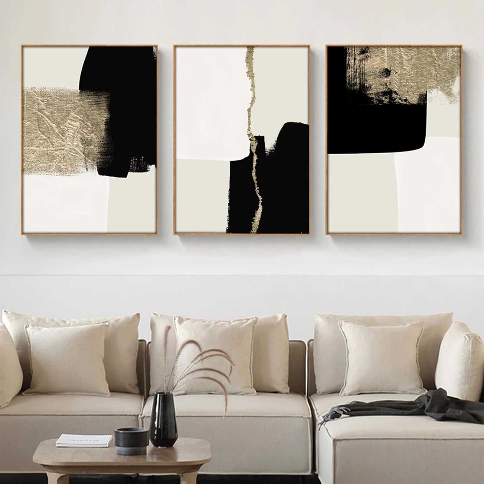 HEHGVCF Set of 3 Canvas Posters Modern Minimalist Beige Black and Gold Wall Pictures Geometric Abstract Geometry Art Print Wall Decoration Decoration Unframed (50 x 70 cm, Geometric)