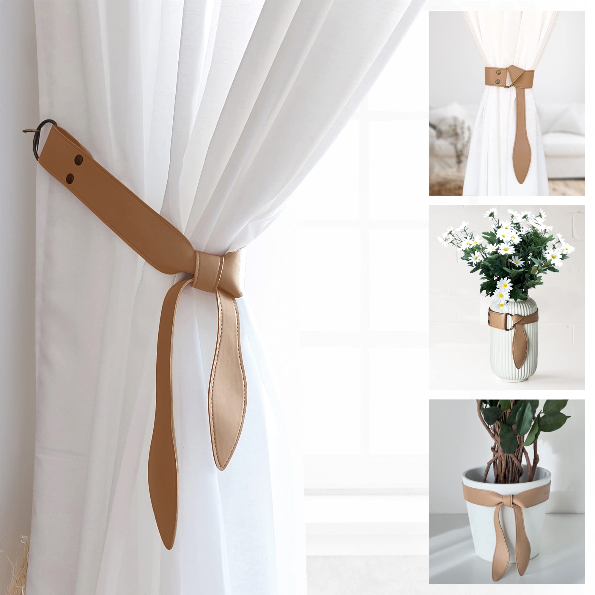 Set of 2 curtain tiebacks made of synthetic leather. Design curtain tiebacks. Use them as embellishments for vases and lamps. Includes wall hooks (Beige)