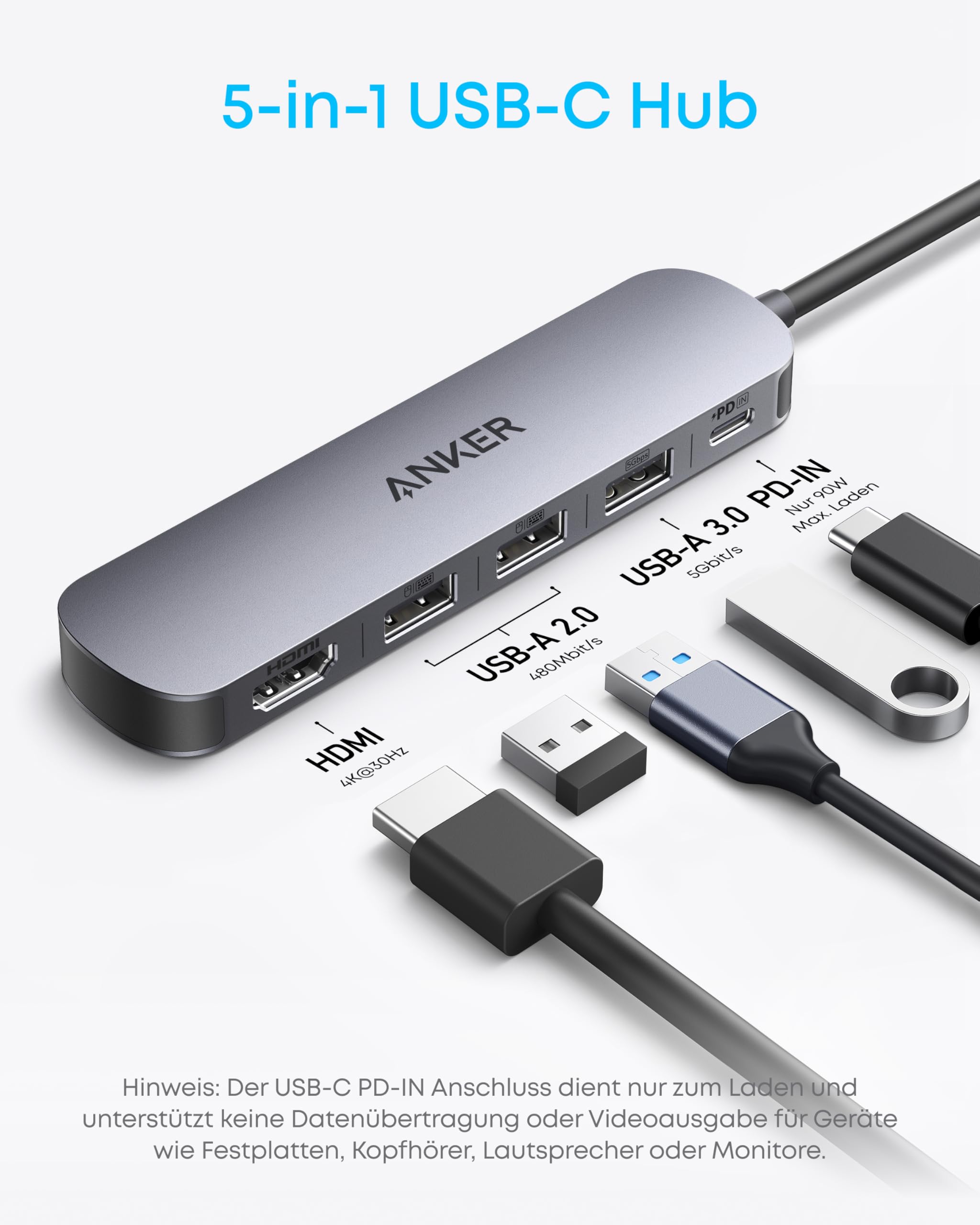 Anker USB C Hub (5-in-1), 4K@30Hz HDMI mit 90W Max. Power Delivery, USB-A Daten-Ports, kompakt und stylisch für MacBook, Dell XPS und mehr (Ladegerät Nicht enthalten) 2
