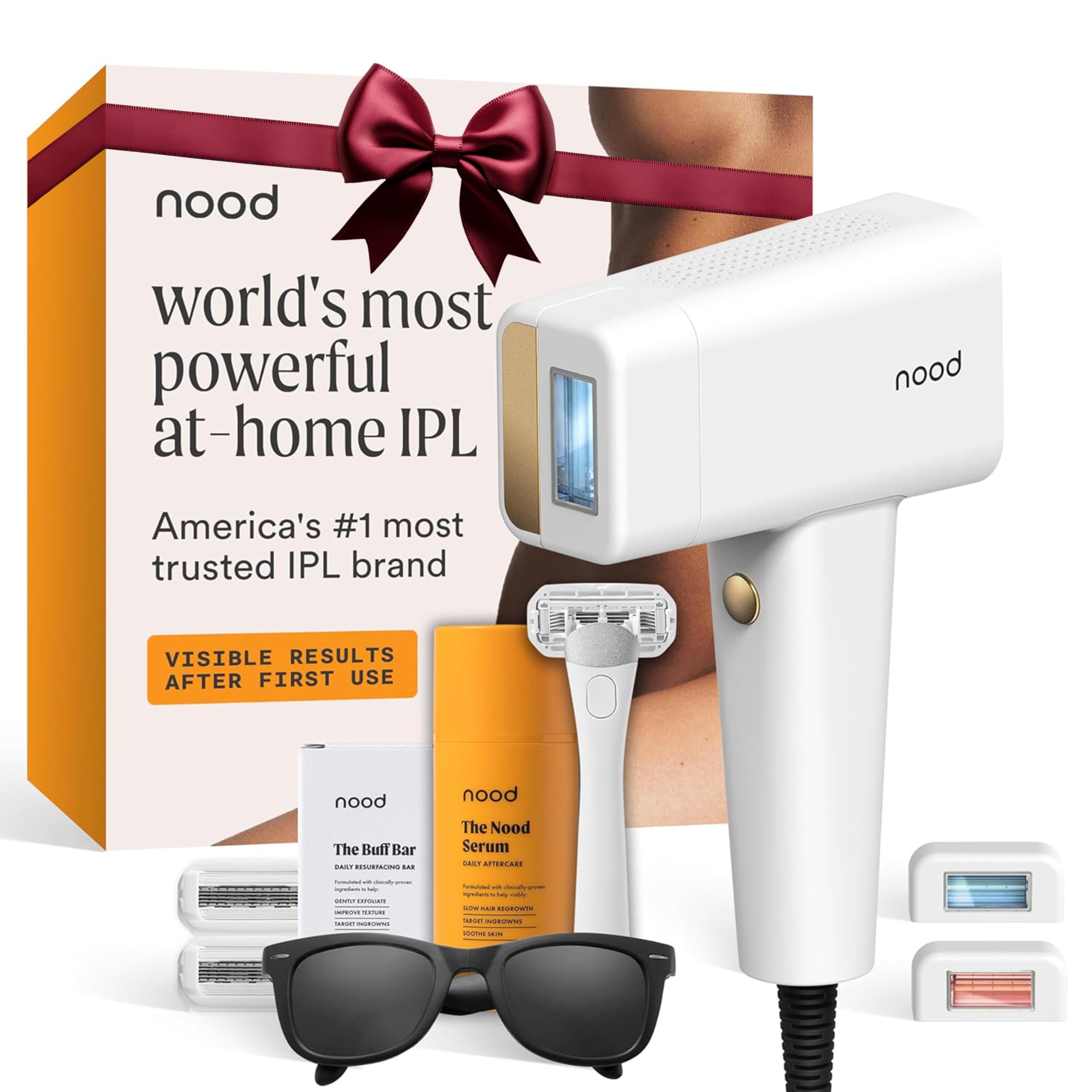 Photo 1 of Nood™ NEW Flasher Pro Kit Lite — IPL Laser Hair Removal Device for Women & Men + Refillable 5-Blade Shaving Razor Kit + Exfoliating Buff Bar + After Shave Serum to Slow Hair Regrowth — Gloss White