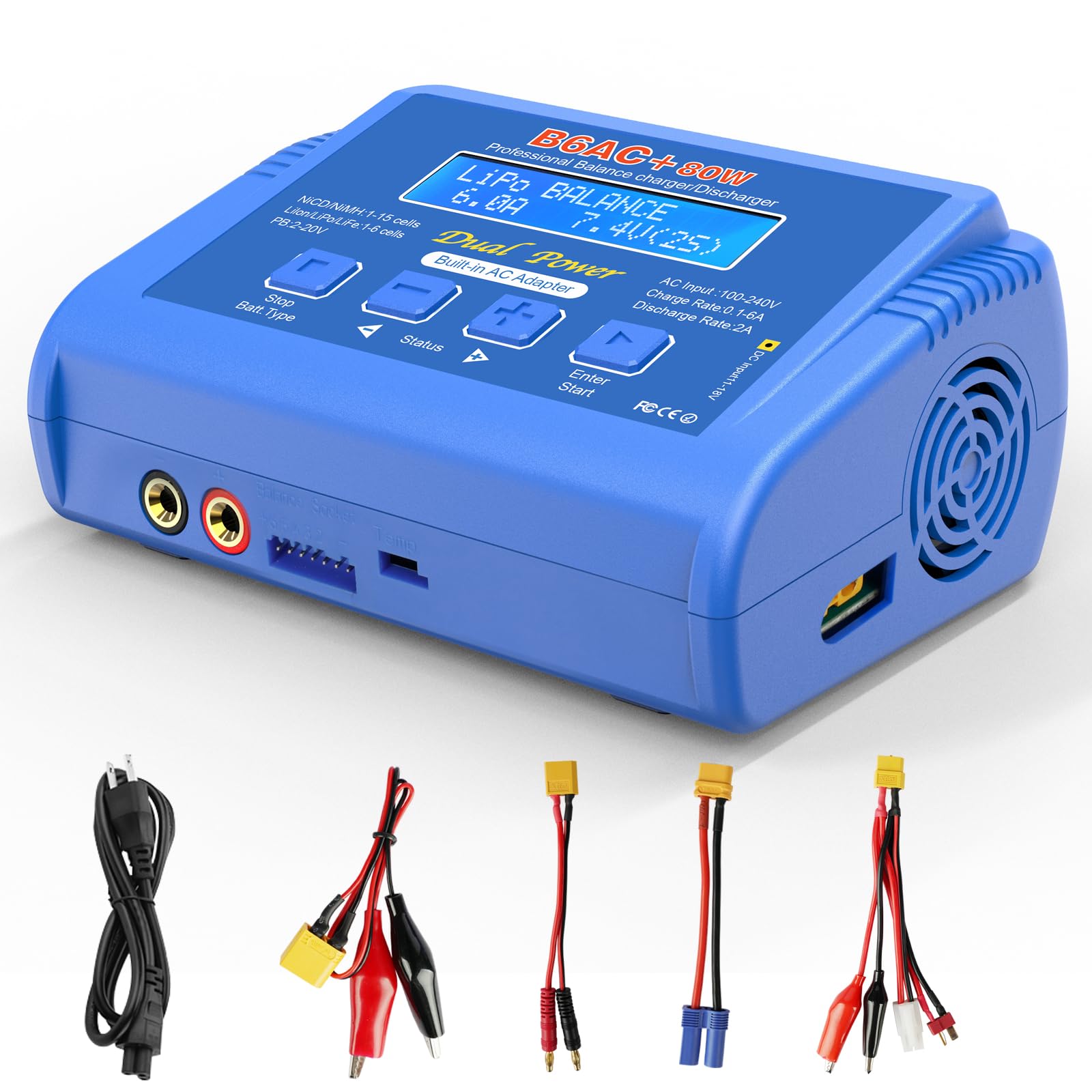 Photo 1 of LiPo Battery Charger RC Balance Fast Battery Charger Discharger 80W 6A Smart Digital Battery Pack Charger for 1S-6S LiPo Life Li-ion 1-15S NiCD NiMH PB Smart Battery Batteries for RC Car (Blue)