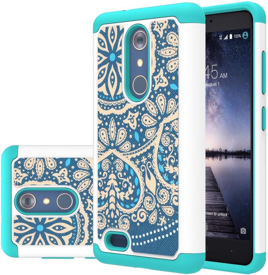 ZTE Zmax Pro Case, LEEGU [Shock Absorption] Dual Layer Heavy Duty Protective Silicone Plastic Cover Armor Case for ZTE Zmax Pro / Z981 - Blue Flower
