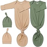 2Pk Newborn Baby Knotted Gown, Super Soft Silky Infant Long Sleeve Sleeper for Baby Sleeping with Hat Green Camel (2 Packs, Size Newborn)
