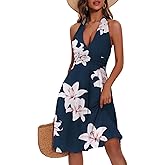 HUHOT Women's Summer Sundress Sleeveless Halter Neck Spring 2025 Floral with Pocket Elastic Waist Ruffle Mini Dresses