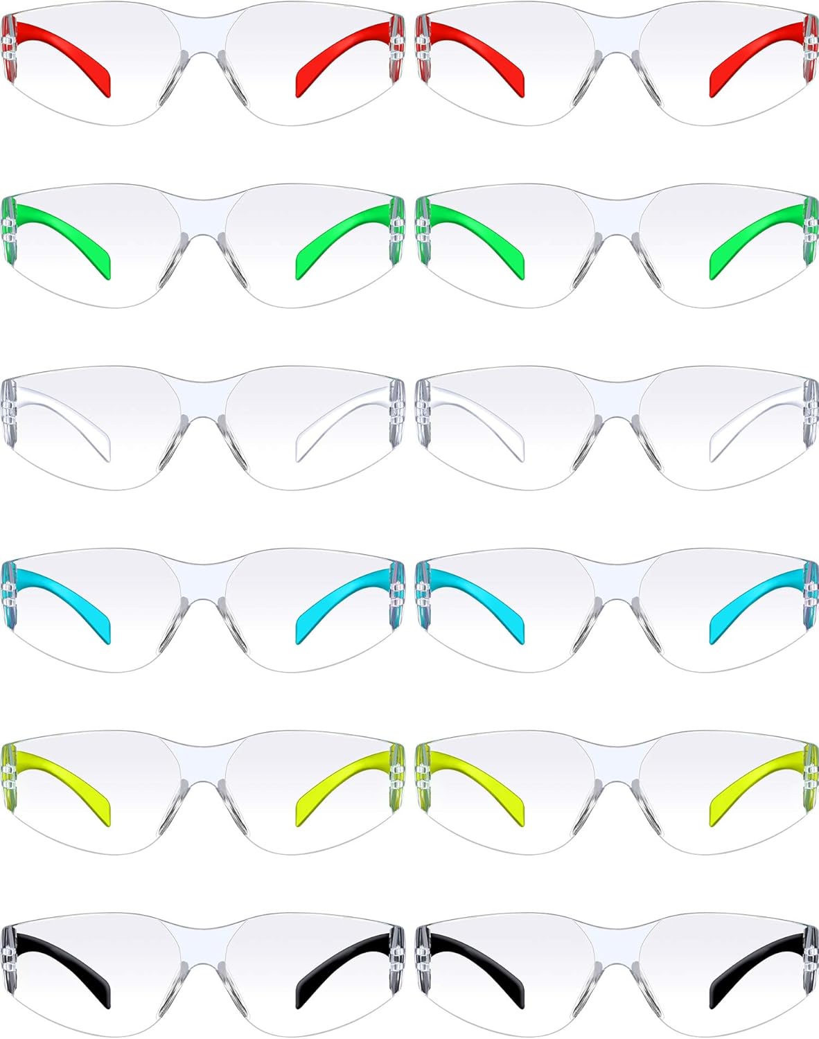 12 Pairs Protective Polycarbonate Eyewear Anti-Scratch Safety Glasses Impact Resistant Clear Lens, One Size for Adult Teens Eye Protection (Blue, Green, Yellow, Red, Transparent, Black Leg)
