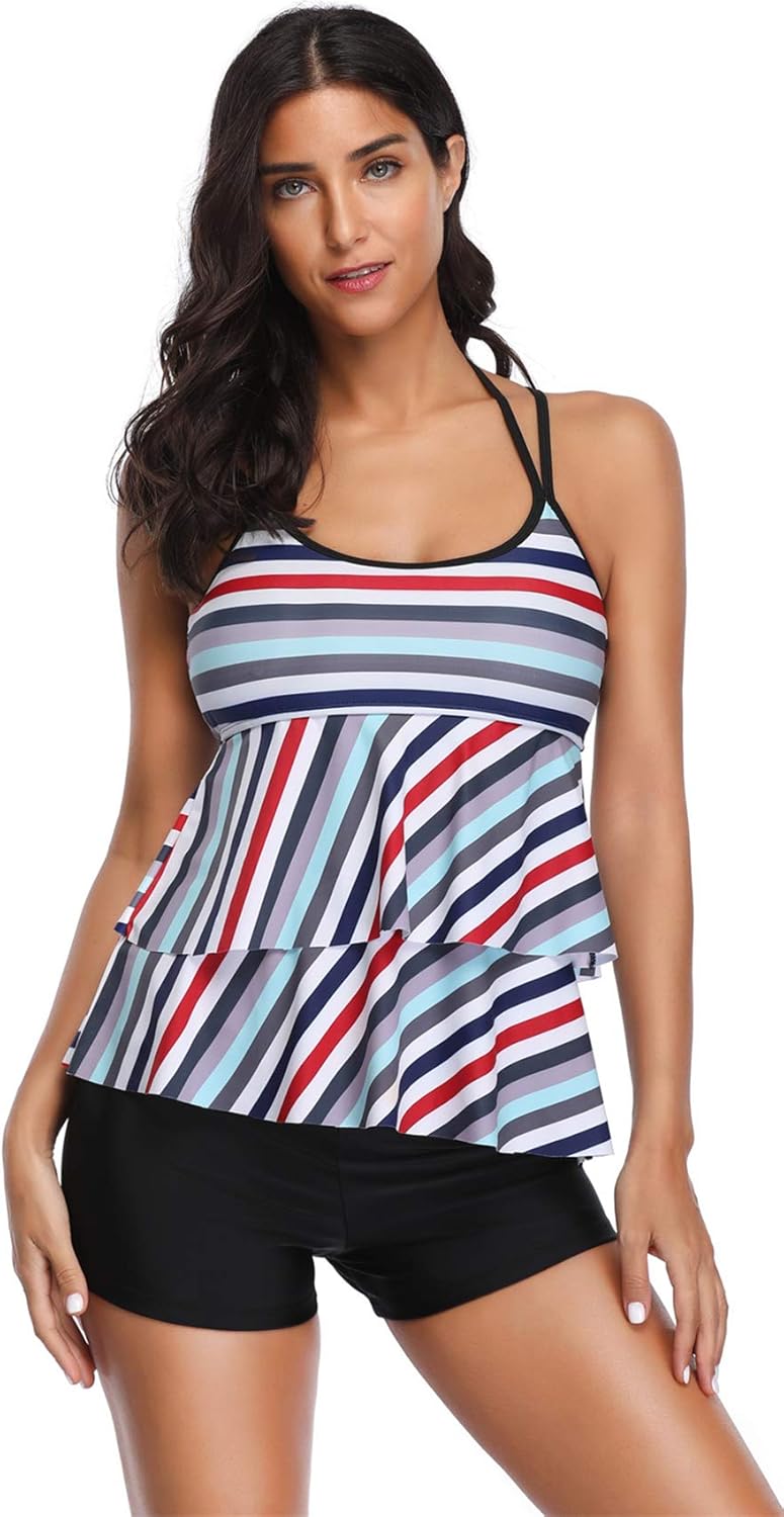 2 PC Halterneck Spaghetti Strap Rainbow Striped Stripe Ruffled Ruffle Hem Tankini Top and Boxer