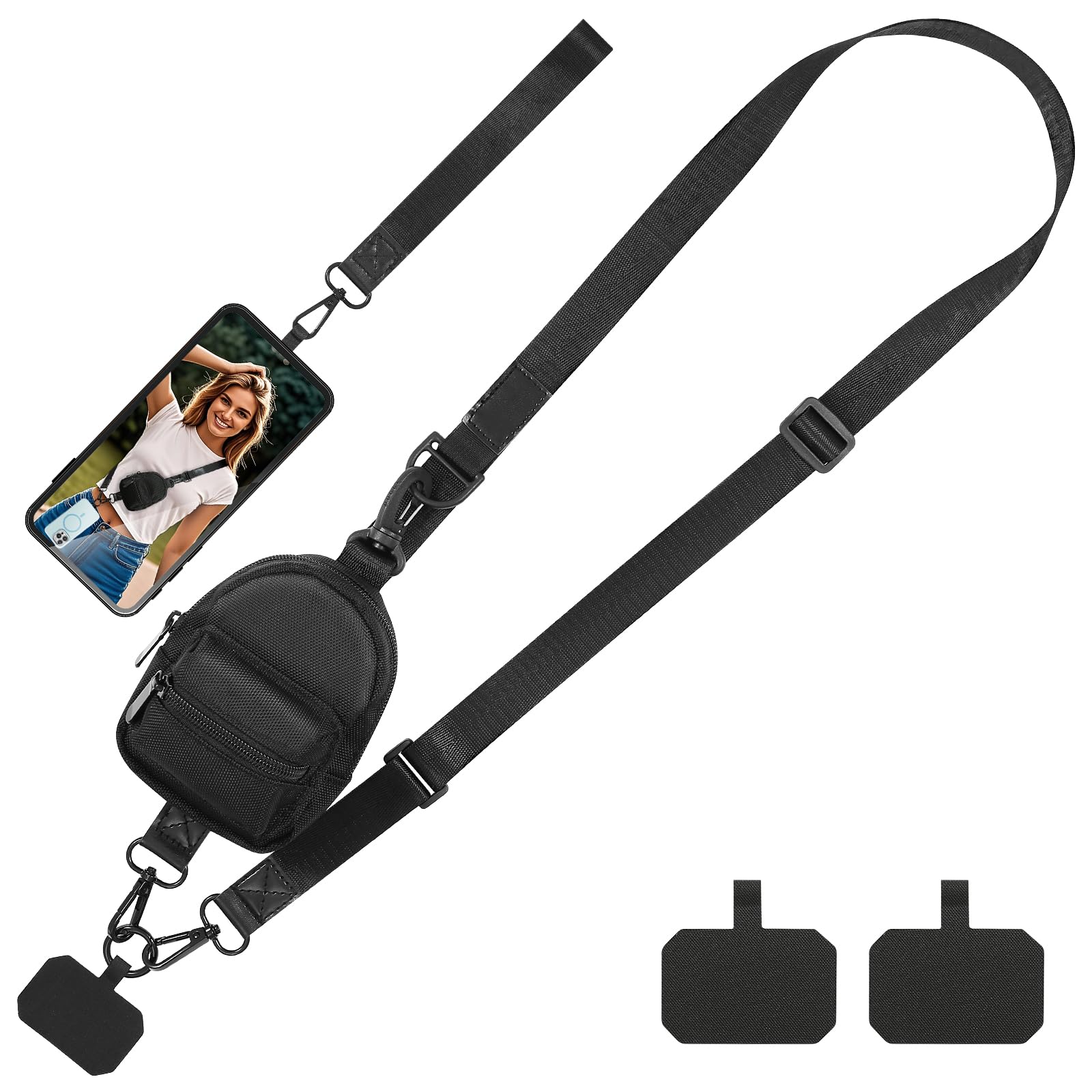 Photo 1 of FLOLUVZ Clip and Go Strap for Phone with Wallet Crossbody, Adjustable Phone Lanyard with Cell Phone Wrist Strap & Tether Tab for Women & Men, Sport-Style, Black