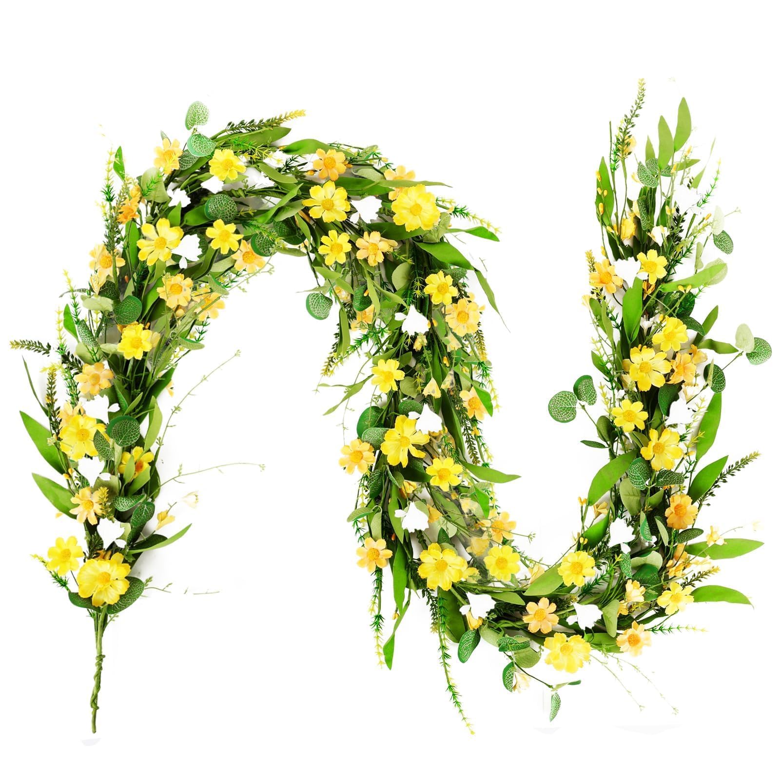 Photo 1 of 6.5 Ft Summer Garland for Mantle Artificial Yellow Daisy Swags Spring Wedding Decor Yellow Wildflower White Flowers Garland Vine for Porch Table Indoor Door Home All Year Decoration