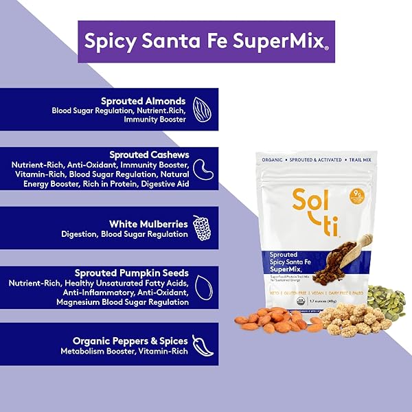 SOL-TI SUPERFOOD ORGANIC SPROUTED & ACTIVATED TRAIL MIX – HIGH PROTEIN – SPICY SANTA FE SUPERMIX® (6 BAGS, 1.7 OZ EACH)