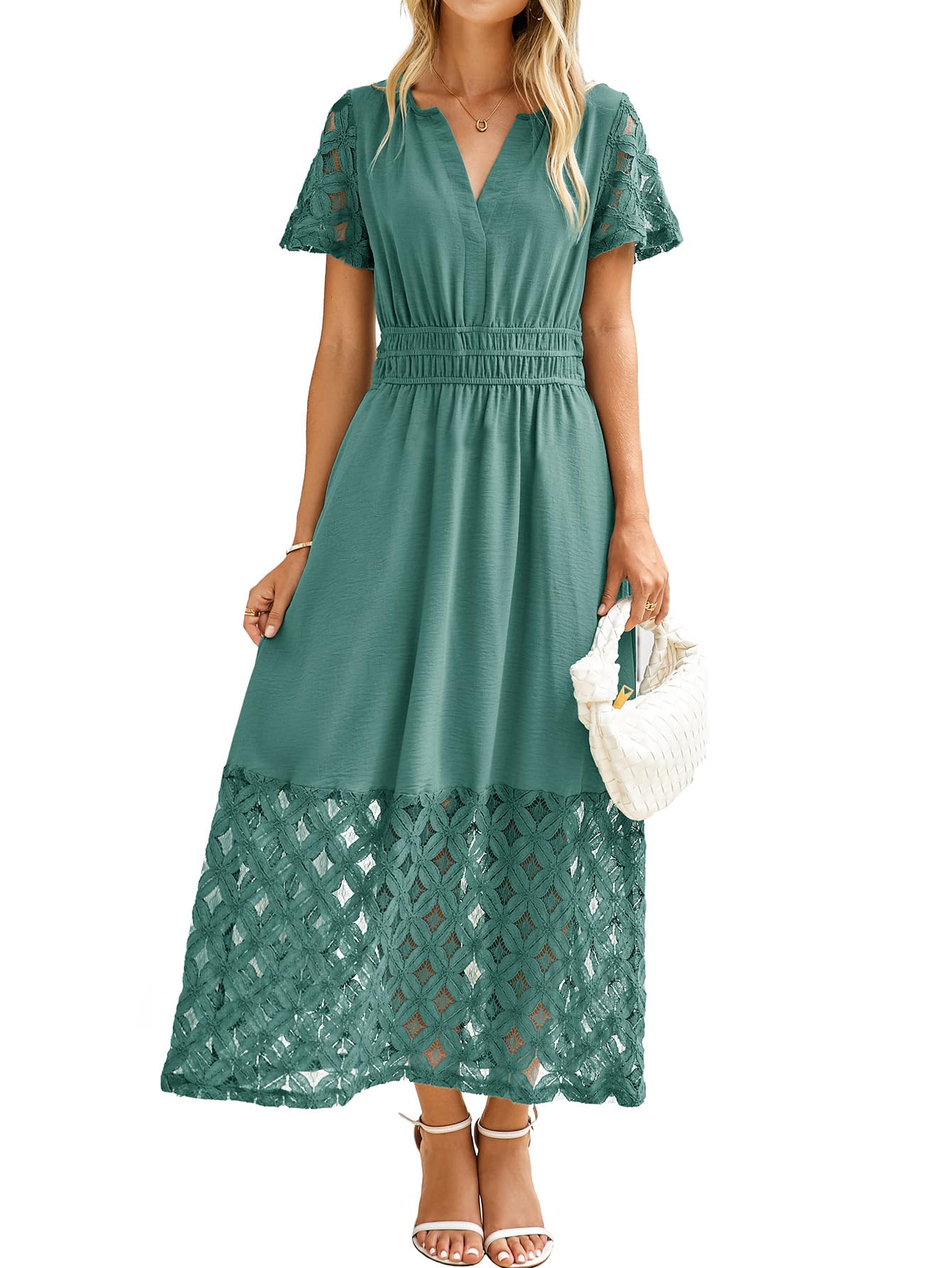 Photo 1 of Simplee Womens Spring Summer Maxi Dresses Casual Short Sleeve Boho Lace Dress for Wedding Guest Resort Clothes (Teal S)