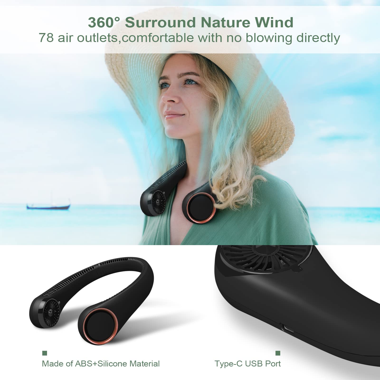 TOAOB Portable Neck Fan, No Handheld Bladeless Fan, Rechargeable Wearable Personal Fan, Leafless Neck Cooling Air Conditioner, Headphone Design, 3 Speeds, USB Powered Neck Fan-Black