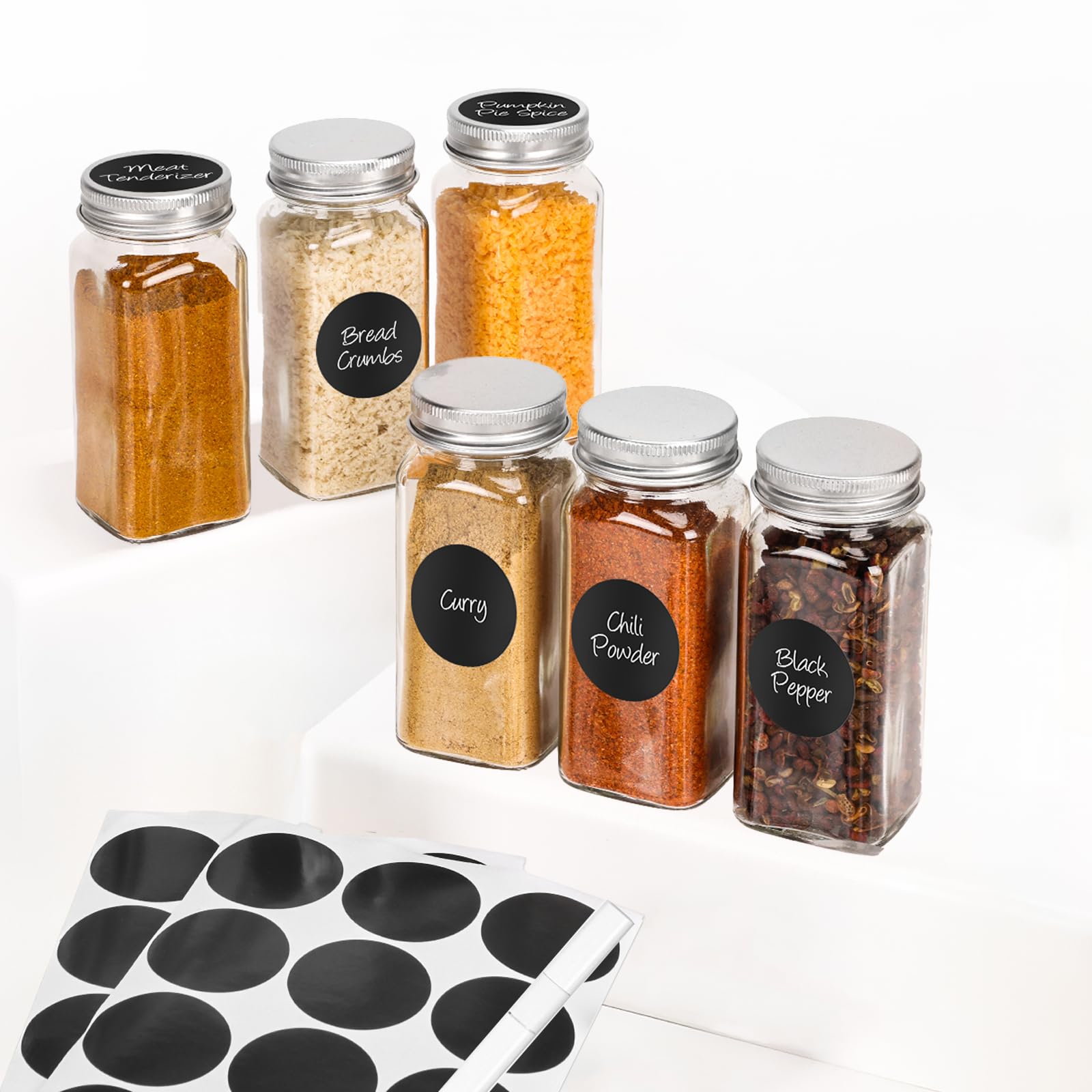 Photo 1 of **MISSING ONE*** 6Pcs Spice Jars with Label, 4oz Empty Square Seasoning Containers, Spice Jars with Shaker Lids, Small Spice Bottles for Salt, Herbs, Sugar, Pepper, Seasoning Jars for Spice Rack, Cabinet, or Drawer