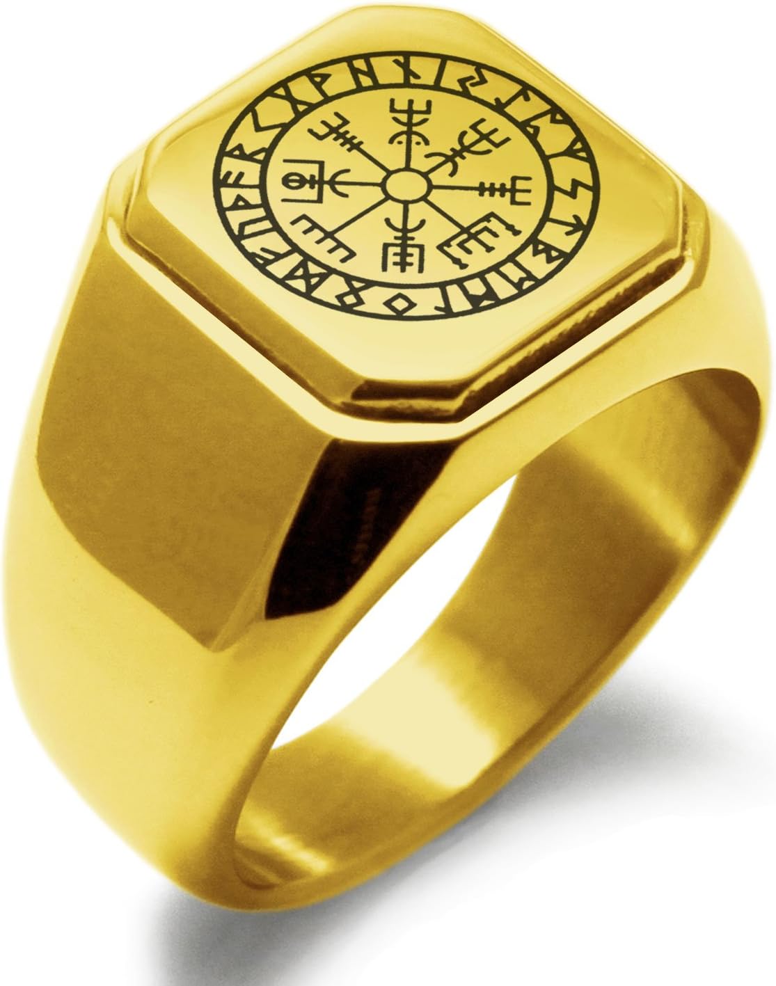 Tioneer Stainless Steel Signet Biker Rings for Men, Nordic Viking Symbol Square Flat Top (Black, Gold, Silver), Size 7-16