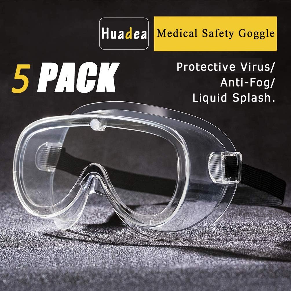 Huadea Safety Goggle,Protective Virus/Anti-Fog/Liquid Splash Goggle Ventilation Wide-Vision Adjustable Strap Clear Lens Eyewear(5-PACK)