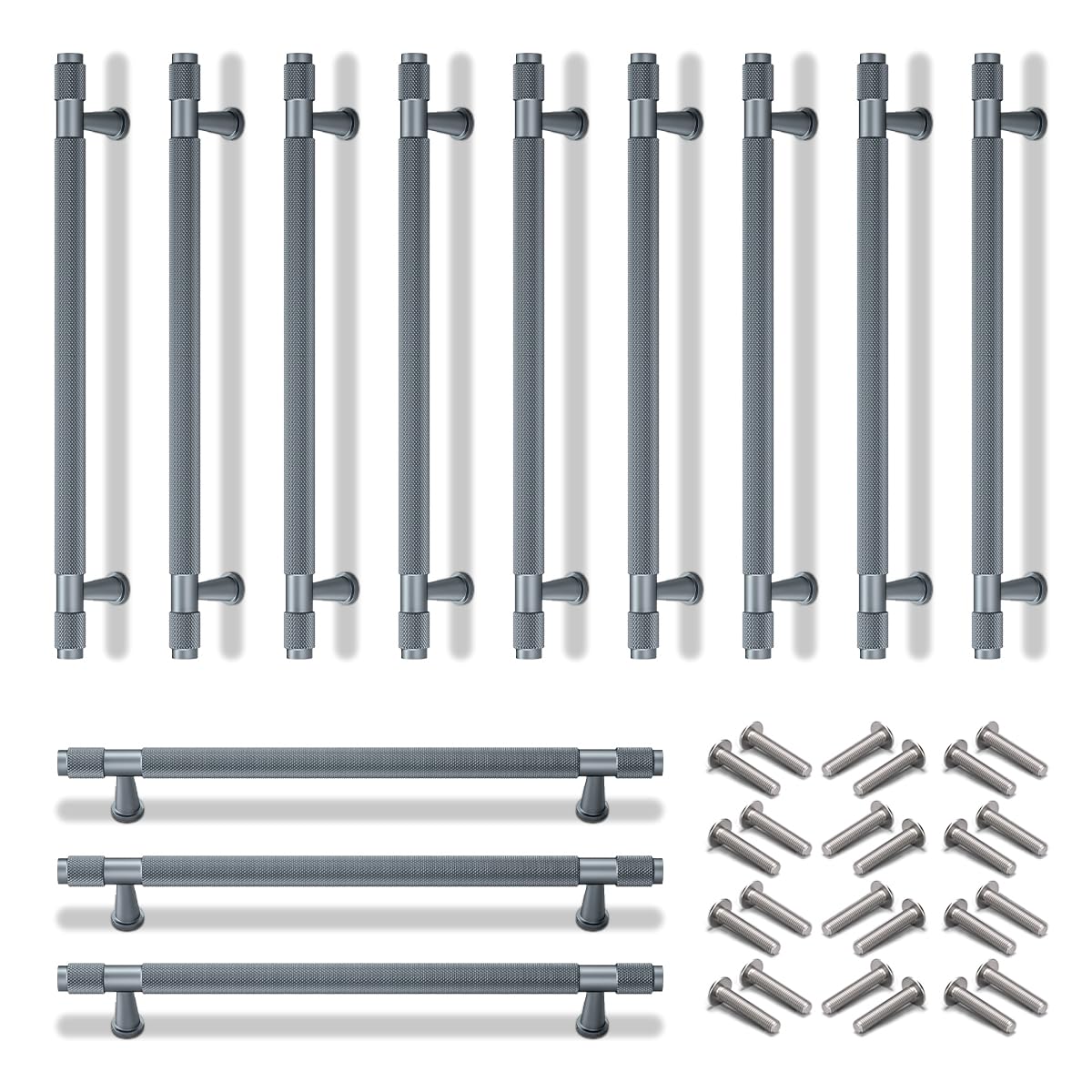 Bwintech 12 Pcs 245MM Grey Anodised Knurled Cabinet Handles,192MM Hole Centers Cupboard Knobs,Cupboard,Wardrobe,Drawer Handles