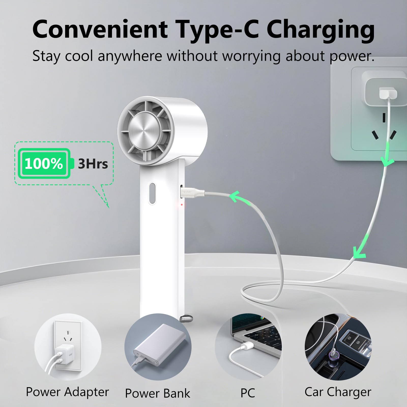 Minthouz Handventilator, ultraleiser tragbarer Tischventilator mit 5 Geschwindigkeiten, 2000mAh Akku & USB-C, 16°C Sofortkühlung, klappbare Halterung, ideal für Reisen, Zuhause & Büro 5