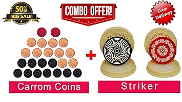 GLANEMARK [Branded Combo] Standard Size Carrom Tournament Coins [ 22+2 Queens 1 Set ] and 2 Branded Tournament Striker with Smooth Surface and Excellent Re-Bounce (Striker Color May Vary)