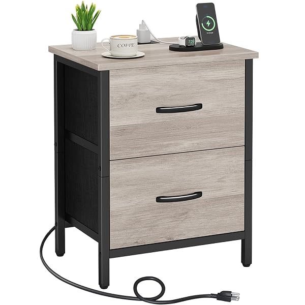 VAGUSICC NIGHTSTAND WITH CHARGING STATION, BEDSIDE TABLE WITH USB PORTS AND OUTLET, END TABLE SIDE TABLE WITH 2 FABRIC DRAWERS FOR BEDROOM, LIVING ROOM, GREIGE