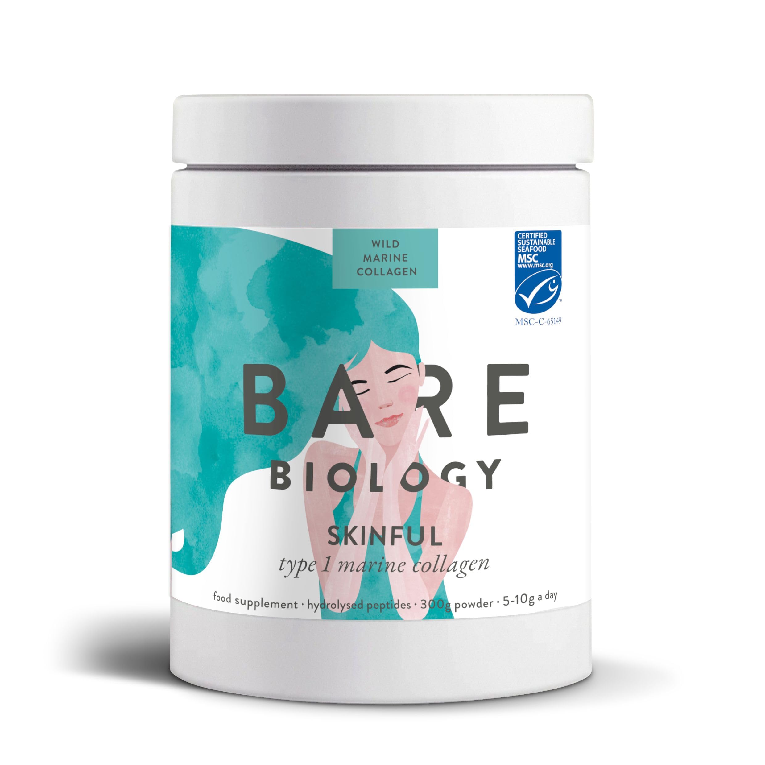 Bare Biology Pure Skinful Marine Collagen Powder - 5,000mg of Pure, MSC-Certified Marine Collagen per 5g Serving - Type I Hydrolysed Collagen Peptides - Supports Skin, Hair, Nails, Joints & Bones