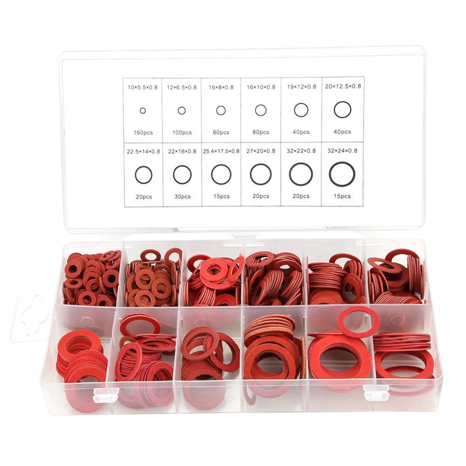 BiuZi Fiber Sealing Washer Set, 600Pcs 12 Sizes Red Alloy Steel O-Rings, Flat Washer Assortment Kit with Box, High Insulation and Durable