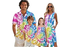INSTANTARTS Matching Family Set Mom and Daughter Matching Outfits Summer Hawaiian Sundress and Short Sleeve Vacation Shirt