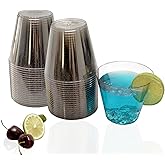 KINGSUSLAY 50Pack Glitter Sliver Plastic Cups, 9 oz Clear Fancy Disposable Cups,Clear Plastic Tumblers for Weddings,Birthday,Thanksgiving, Christmas,Halloween as Party Cups.