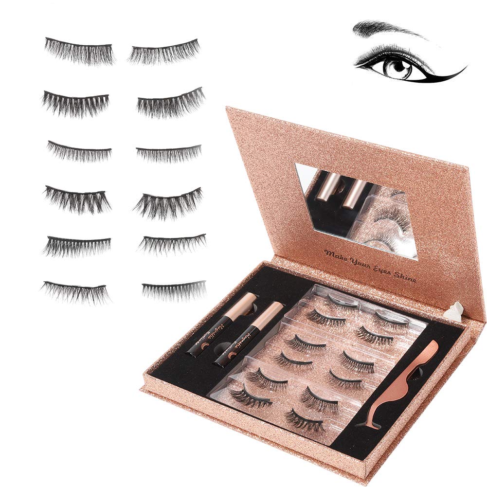 Magnetische Wimpern Eyeliner Kit, 6 Paar Natürlich Wasserdicht Falsche Magnetische Wimpern, 3D Wiederverwendbar Magnetischer Eyeliner 10Ml, Leder-Geschenkbox (Roségold)