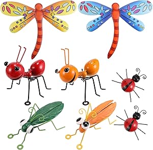 8 Pieces Metal Ant Dragonfly Ladybug Grasshopper Wall Decor Set Outdoor Garden Yard Fence Art Hanging Decoration Funny Ornaments Colorful 3D Wall Decor for Indoor Outdoor Garden Decoration