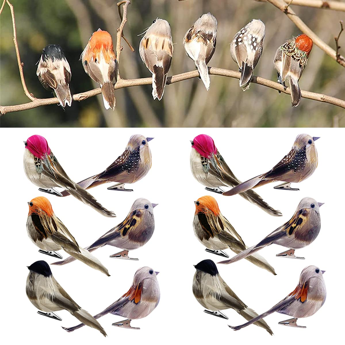 Photo 1 of 12pcs Artificial Birds Clip on Birds Christmas Tree Decoration Artificial Sparrow Realistic Birds Fake Birds Faux Birds Feather Birds Foam Birds for Yard Patio Wreath Designs Garden Decor
