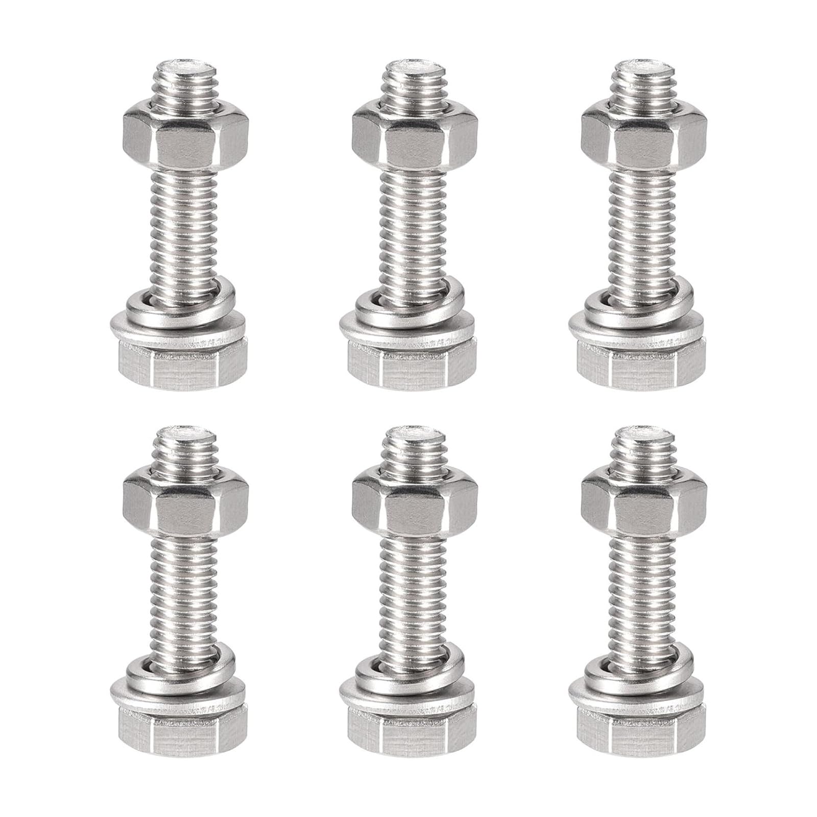Boxonly M6x25mm Hex Head Screws Bolts, Nuts, Flat & Lock Washers Kits, 304 Stainless Steel Fully Thread Hexagon Bolts 6 Sets