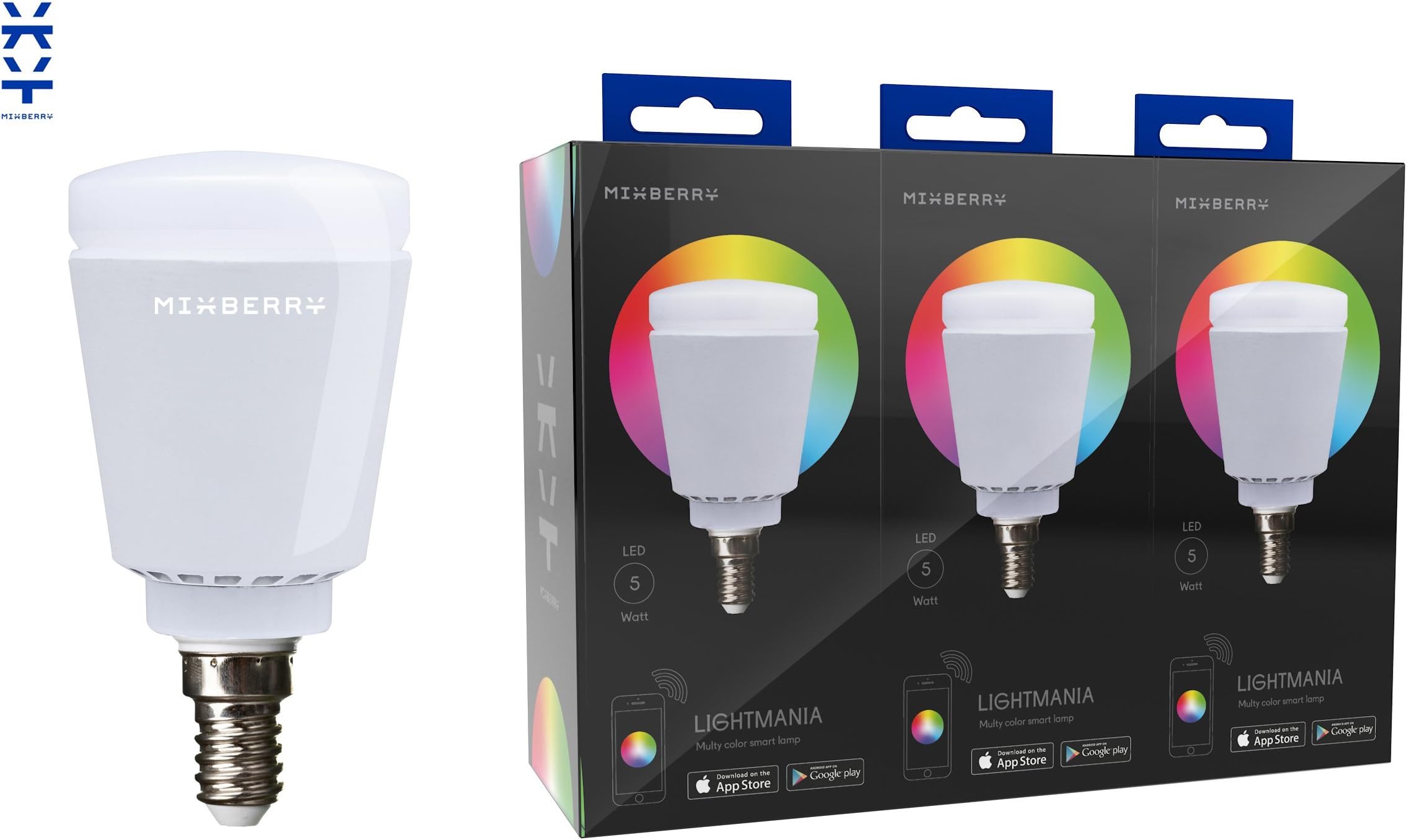 Bluetooth Smart LED Light Bulb by Mixberry - 3-Pack E14 Base - 16 Million Dimmable Colors - Features Sleep/Wake & Party Modes - Save 20% Compared to Purchasing Single Bulbs