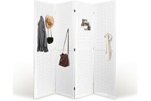 HIGREENA Room Divider, 5.6FT Folding Room Divider Panel, 4 Panel Pegboard Display Wood Partition Wall Divider for Room Separation& Craft Shows, White